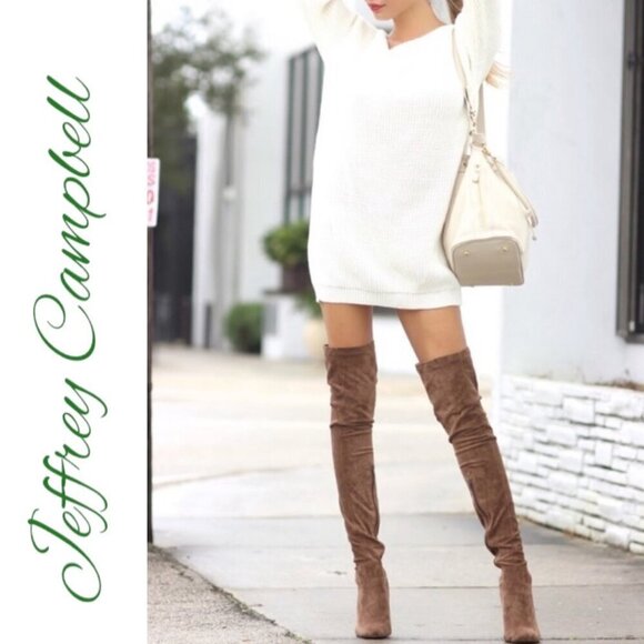NWT JEFFREY CAMPBELL Perouze Over-The-Knee Faux Suede Block Heel Boots Taupe 8.5 - Picture 16 of 16